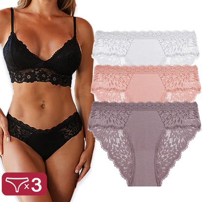 Sexy Perspective Women Back Lace Panties Patchwork Cotton Underpants Hollow Out Lingerie Underwear Comfortable Briefs 3PCS