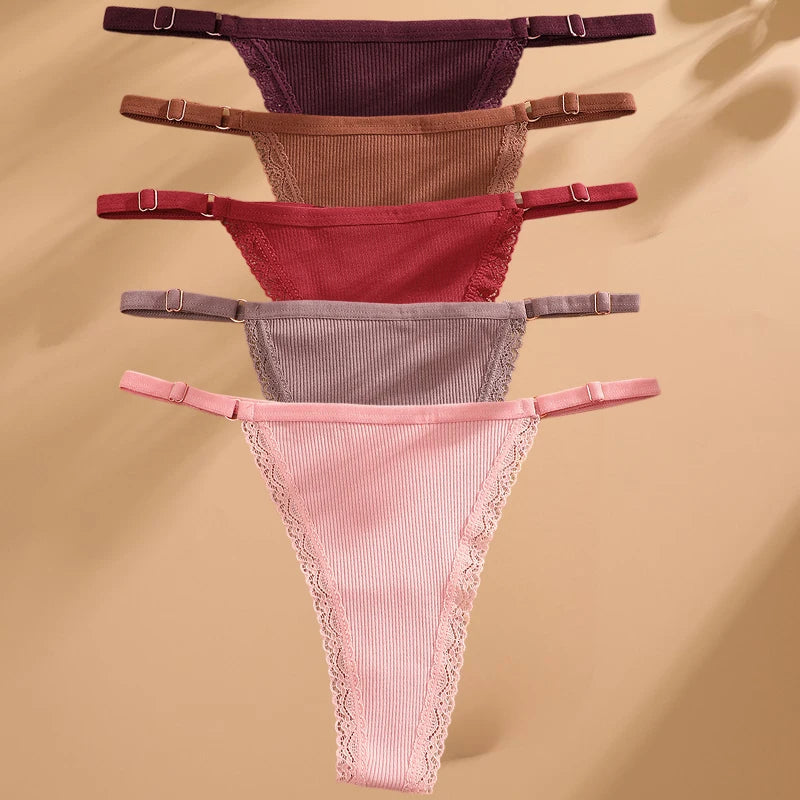 5PCS/Set Cotton Panties Sexy G-String Women's Underwear T-Back Lingerie Femme Underpants Briefs Adjustable Waist Thong Intimates