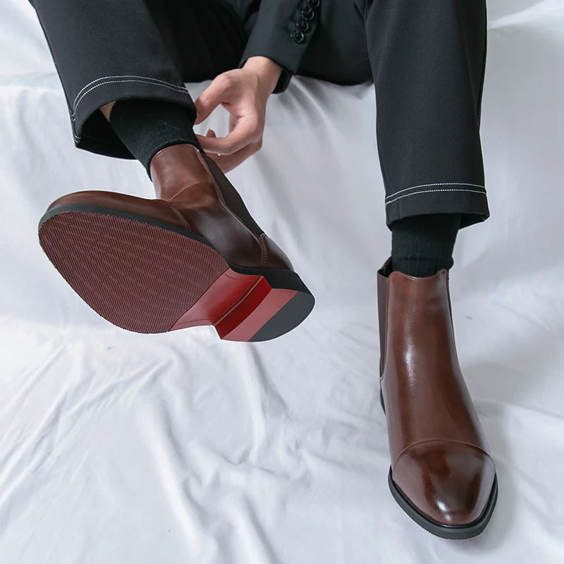 Chelsea Boots for Men Red Sole Pu Ankle Business Round Toe Slip-On Mens Boots Free Shipping Size 38-46 Men Shoes