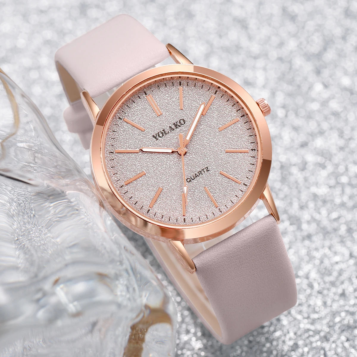 6PCS/Set Fashion Frosted Dial Women's Quartz Watch Leather Band Wrist Watches Heart Jewelry Set（Without Box）