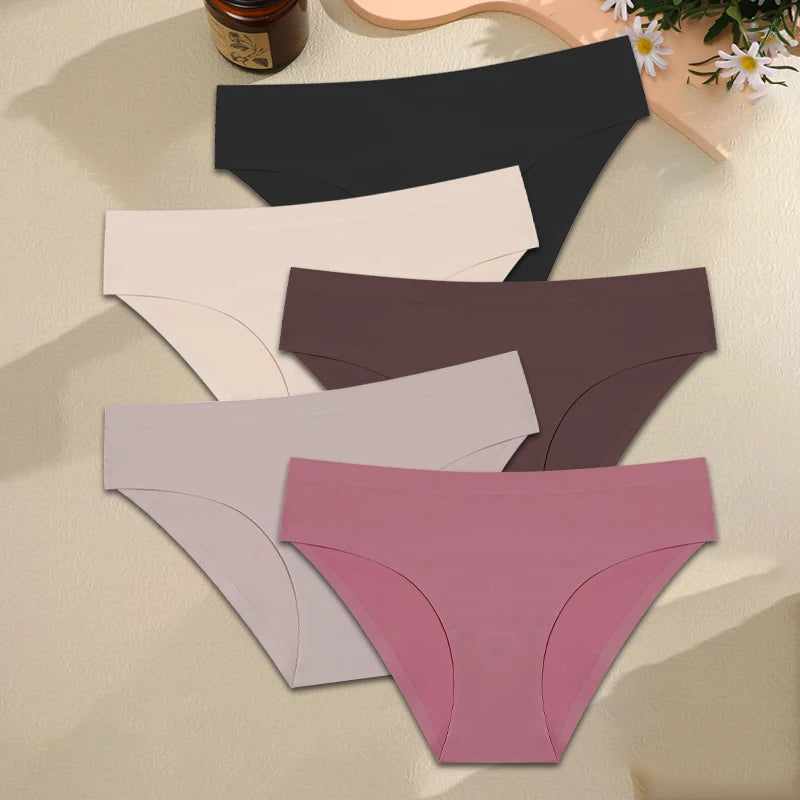 FINETOO 5PCS Seamless Panties for Women Sexy Ice Silk Underwear Soild Briefs Low Waist Comfortable Invisible Lingerie Intimates