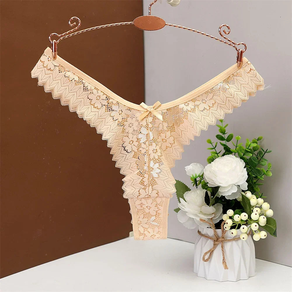 3PC Sexy T Back Woman Thong Panty Mid Waist Lace Panties Transparent Underwear "V-shape" Girls Erotic Panty