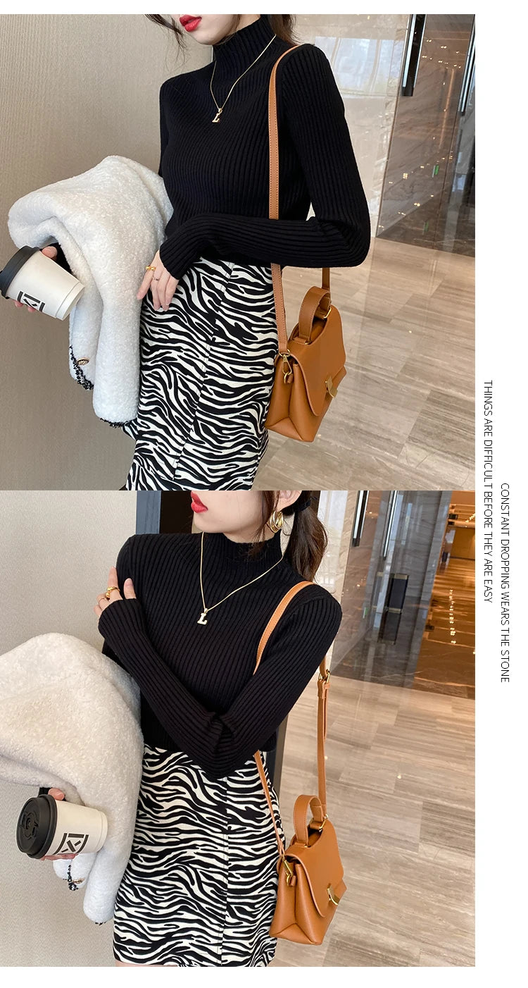 Elegant Solid Basic Knitted Tops Women Turtlneck Sweater Long Sleeve Casual Slim Pullover Korean Fashion Simple Chic Clothes