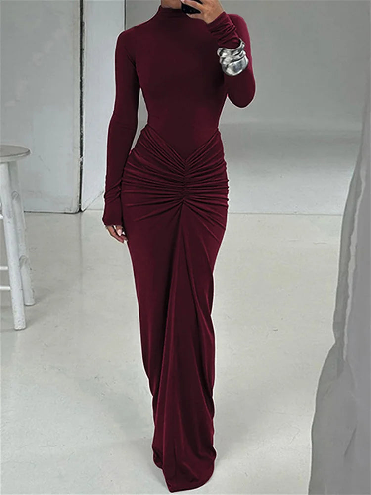 Kliou Shirring Women Classic Maxi Dress Autumn New Solid Long Sleeve High Collar Body-shaping Vestidos Mujer Concise Trend Robe