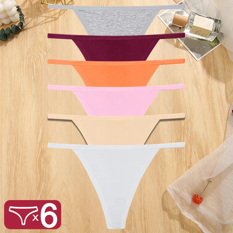 FINETOO 6PCS/Set Sexy Women Cotton G-String Underwear Low Waist Panties Girl T-back Panty Soft Thin Strap Femme Thong Lingerie