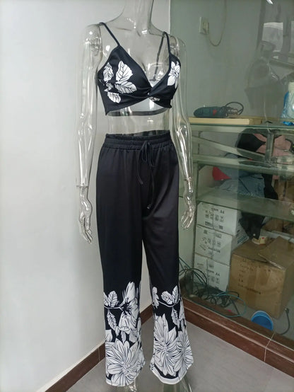 Sexy Two Piece Set Women Outfit 2025 Summer Butterfly Print V-Neck Cropped Top High Waist Drawstring Casual Wide Leg Pants Sets