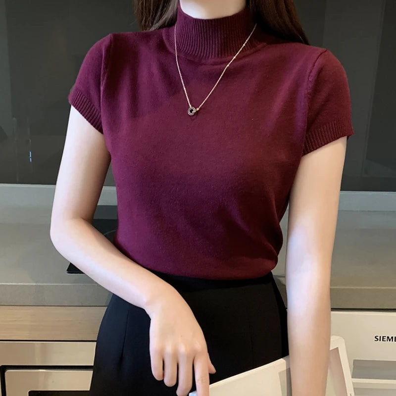 Half-High Neck T-Shirt Women's Fashion Jumper Casual Tops Korean Style Elegant Solid-Coloured Clothing Spring And Summer Season
