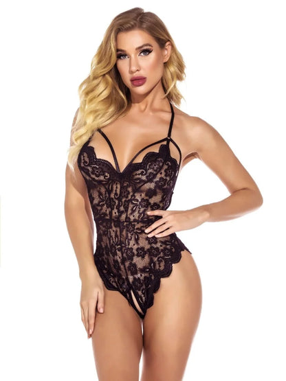 Pajamas Clothing Sexy Women's Open Deep V Lingerie Sets Lace Sheer Bodysuits Sex Crotchless Hollowed Out Babydoll Dresses Tights