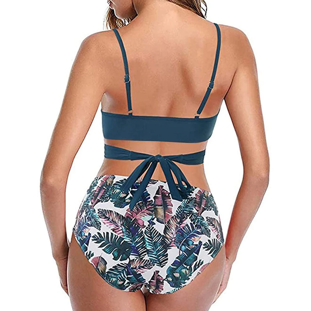 Hot 12 Colors Women Slim Bikini Sets High Waisted Sexy Swimwear 2 Pieces Solid/Floral Ruched Brazilian Swimsuit Cross Front