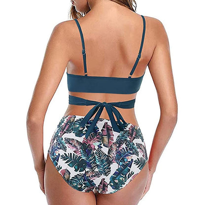 Hot 12 Colors Women Slim Bikini Sets High Waisted Sexy Swimwear 2 Pieces Solid/Floral Ruched Brazilian Swimsuit Cross Front
