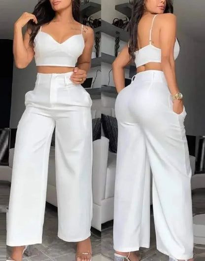 Summer Sexy 2 Piece Set Women V-Neck Strap Shirred Slim Crop Top & Lace-up Wide Leg Pants Sets Elegant Holiday Lady Suit
