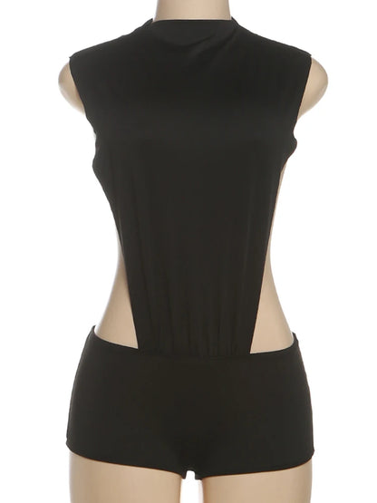 Weird Puss Sexy Women Romper Sleeveless Hollow Patchwork Summer o-Neck Hipster Solid Skinny Stretch Clubwear Ruched Playsuit