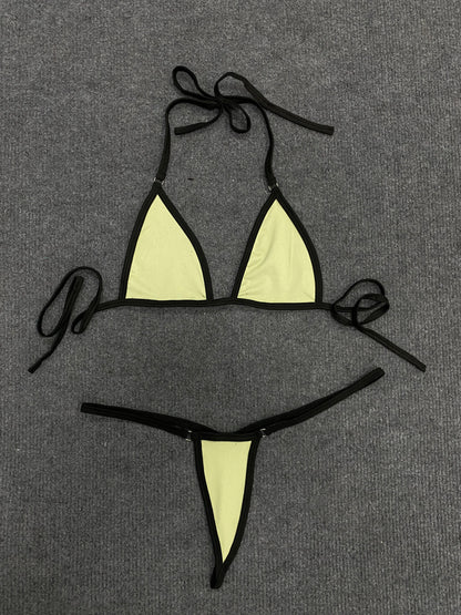 Summer fashion sexy three-point contrasting color backless hanging neck two-piece set bikini women's clothing