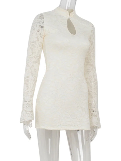 Ahagaga Sexy Lace Women's Mini Dresses Solid Sheer Hollow Out Turtleneck Long Flare Sleeves Sheath Bodycon Streetwear Vestidos