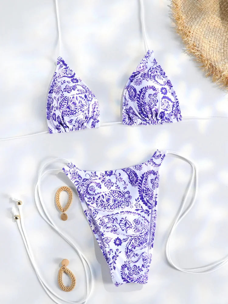 Sexy Triangle Mini Bikini Sets Micro Thongs Swimsuit Women Bathing Suit Biquini Bandage Beachwear Print Swimwear Thong Bikini