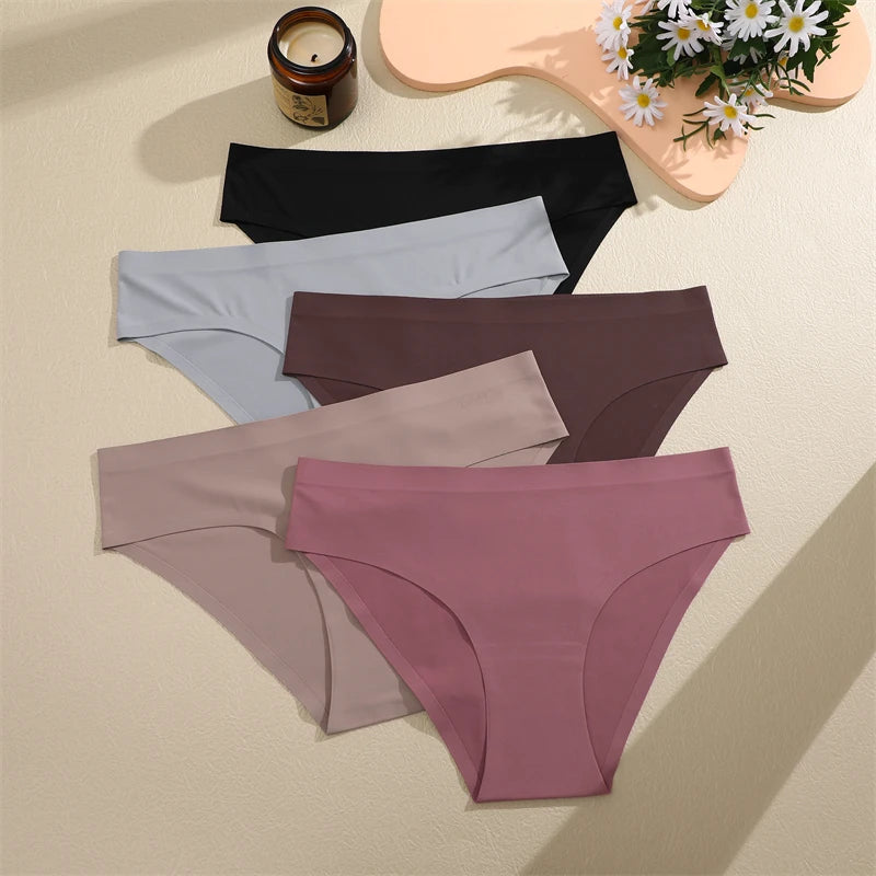 FINETOO 5PCS Seamless Panties for Women Sexy Ice Silk Underwear Soild Briefs Low Waist Comfortable Invisible Lingerie Intimates