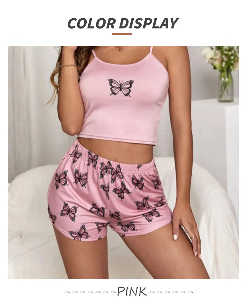 Two Pieces Summer Sexy Pajamas Butterfly Print Cami Pajamas Set Fashion Sexy Home Ladies Underwear Vest Shorts Pijamas