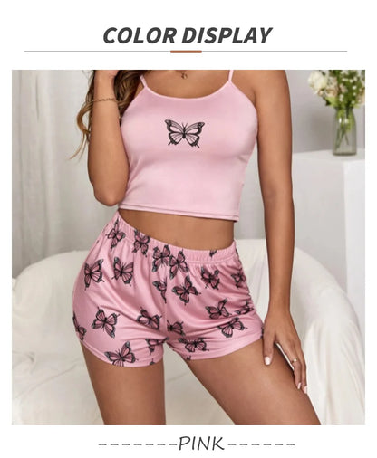 Two Pieces Summer Sexy Pajamas Butterfly Print Cami Pajamas Set Fashion Sexy Home Ladies Underwear Vest Shorts Pijamas
