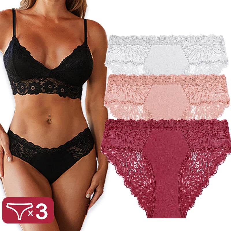 Sexy Perspective Women Back Lace Panties Patchwork Cotton Underpants Hollow Out Lingerie Underwear Comfortable Briefs 3PCS