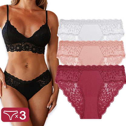 Sexy Perspective Women Back Lace Panties Patchwork Cotton Underpants Hollow Out Lingerie Underwear Comfortable Briefs 3PCS