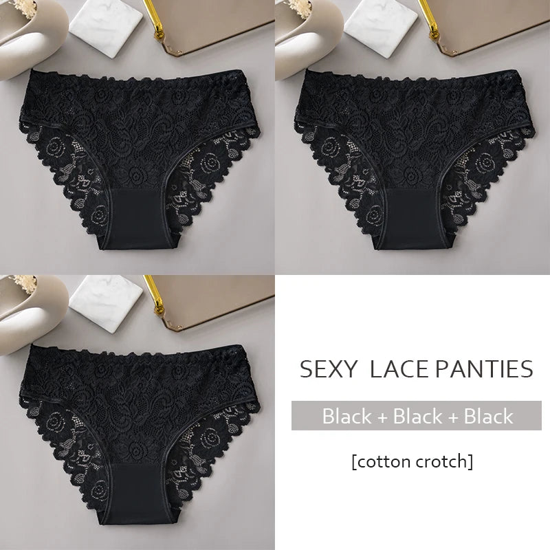 Luxury Floral Embroidery Lace Panties Women Briefs Sexy Hollow 3PCS Lingerie Female Underwear Ladies Breathable Underpants