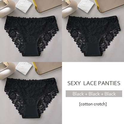 Luxury Floral Embroidery Lace Panties Women Briefs Sexy Hollow 3PCS Lingerie Female Underwear Ladies Breathable Underpants