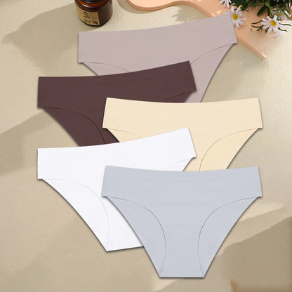 FINETOO 5PCS Seamless Panties for Women Sexy Ice Silk Underwear Soild Briefs Low Waist Comfortable Invisible Lingerie Intimates