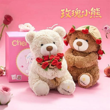 Kawaii Teddy Bear with Roses Plush Toy Soft Bear Stuffed Doll Romantic Gift for Lover Home Decor Valentine's Day Gifts for Girls