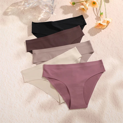 FINETOO 5PCS Seamless Panties for Women Sexy Ice Silk Underwear Soild Briefs Low Waist Comfortable Invisible Lingerie Intimates