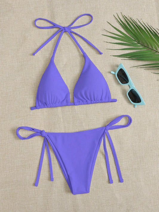 Solid color three-point bikini strap-on women's swimsuit set