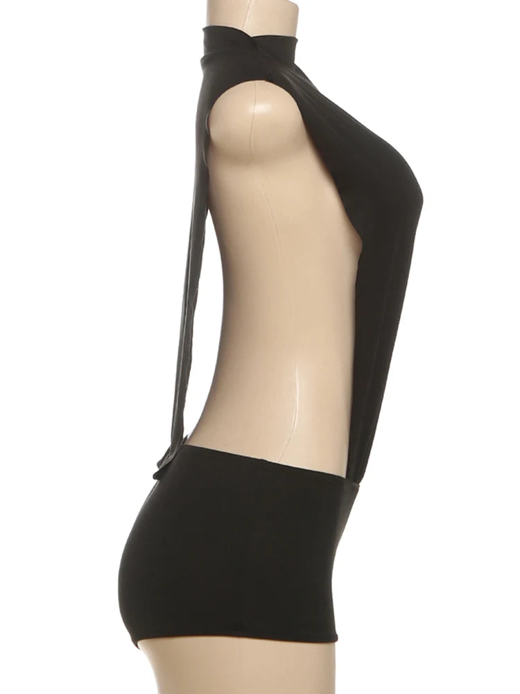 Weird Puss Sexy Women Romper Sleeveless Hollow Patchwork Summer o-Neck Hipster Solid Skinny Stretch Clubwear Ruched Playsuit