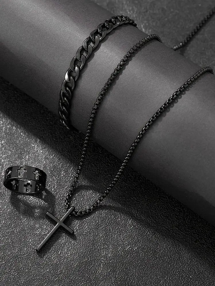 Men's 3pcs Fashion Alloy Jewelry Set - Cross Pendant Necklace, Bracelet & Ring Combo