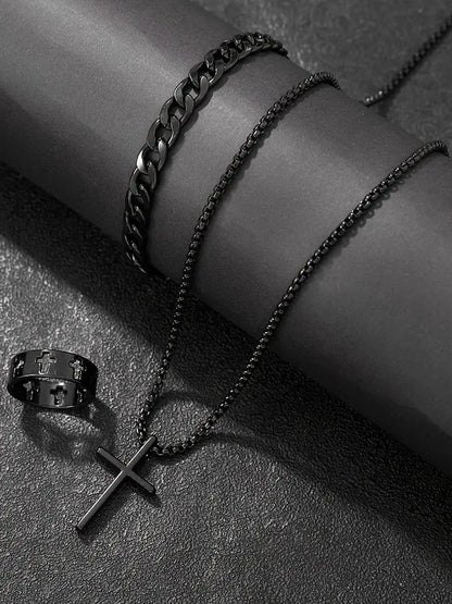 Men's 3pcs Fashion Alloy Jewelry Set - Cross Pendant Necklace, Bracelet & Ring Combo