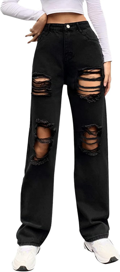 Women Loose Ripped Boyfriends Jeans High Waist Baggy Denim Pants Distressed Wide Leg Jeans Y2K