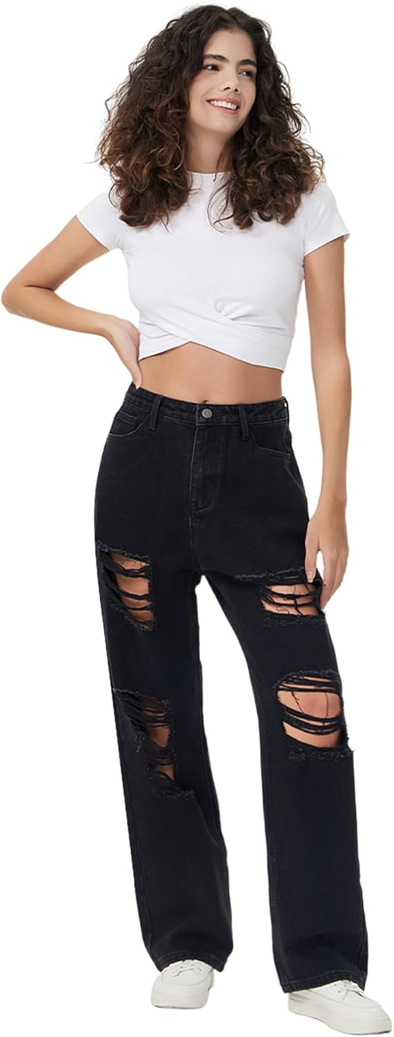 Women Loose Ripped Boyfriends Jeans High Waist Baggy Denim Pants Distressed Wide Leg Jeans Y2K