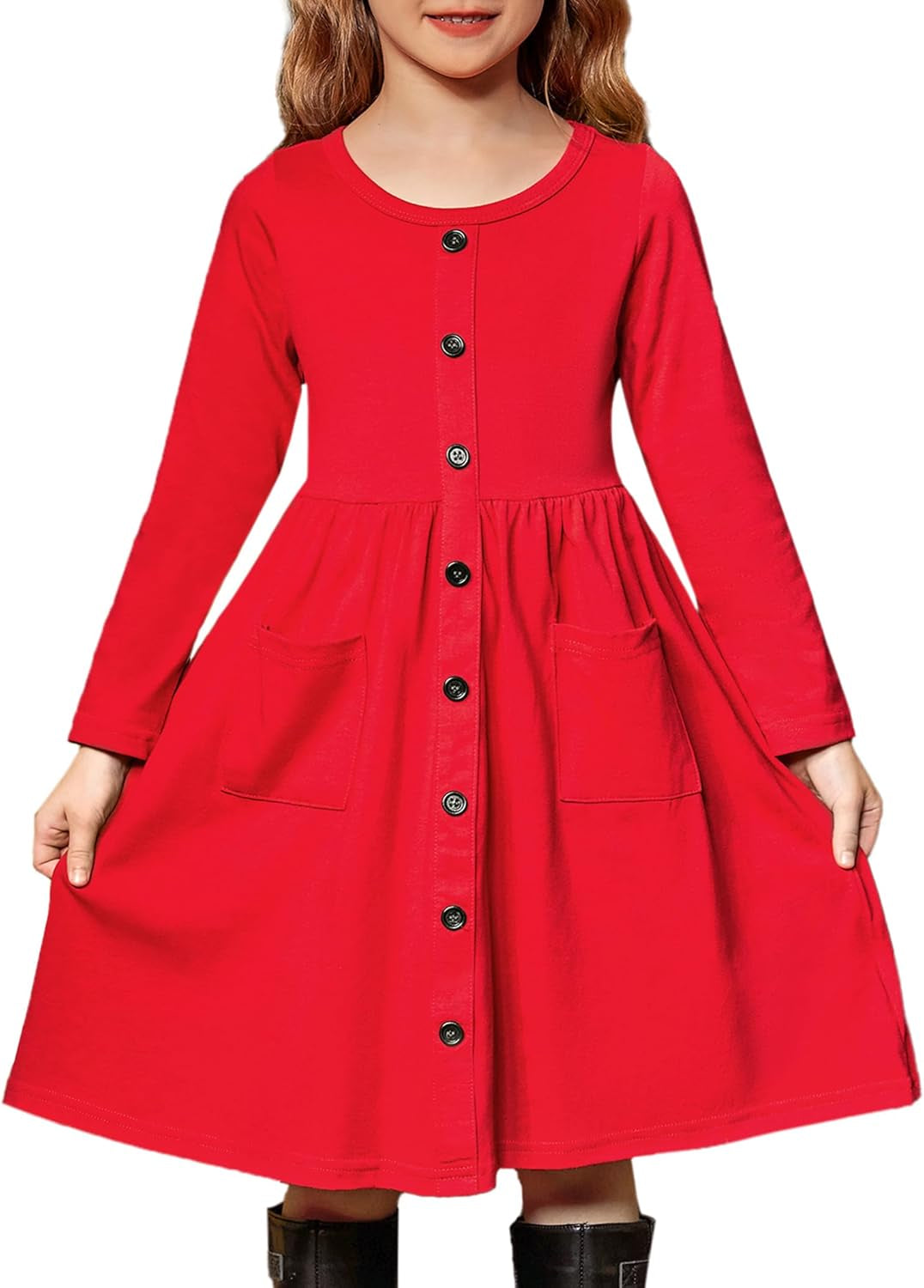 Girl'S Dresses Button down Midi Long Sleeve Casual Sundress A-Line Dress with Pockets