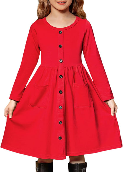 Girl'S Dresses Button down Midi Long Sleeve Casual Sundress A-Line Dress with Pockets