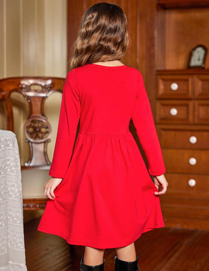 Girl'S Dresses Button down Midi Long Sleeve Casual Sundress A-Line Dress with Pockets