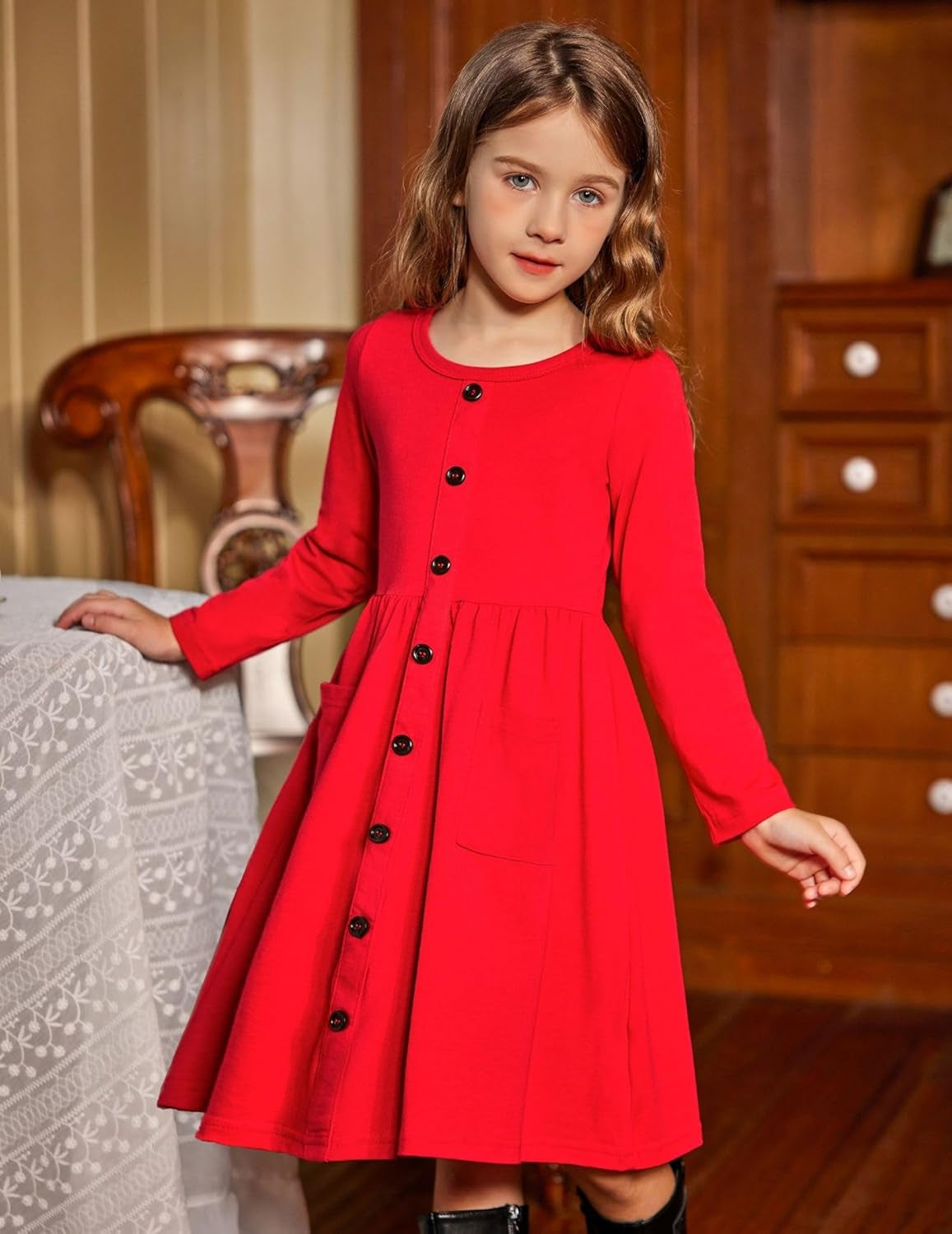 Girl'S Dresses Button down Midi Long Sleeve Casual Sundress A-Line Dress with Pockets