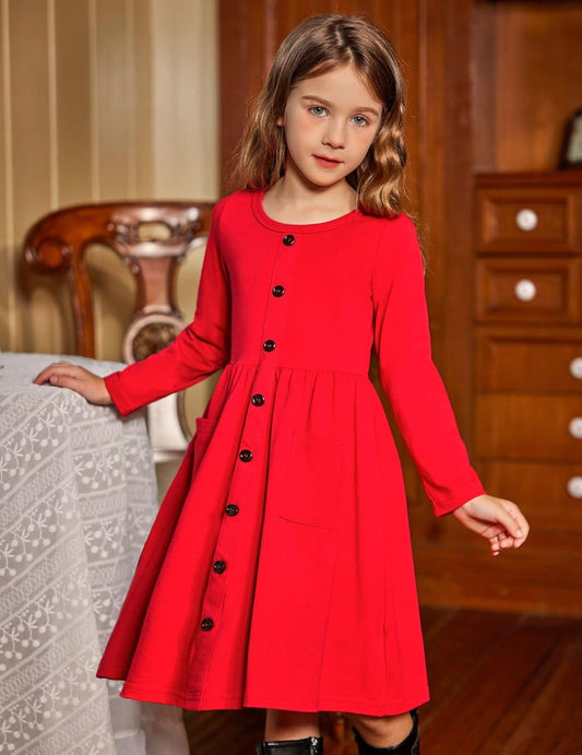 Girl'S Dresses Button down Midi Long Sleeve Casual Sundress A-Line Dress with Pockets